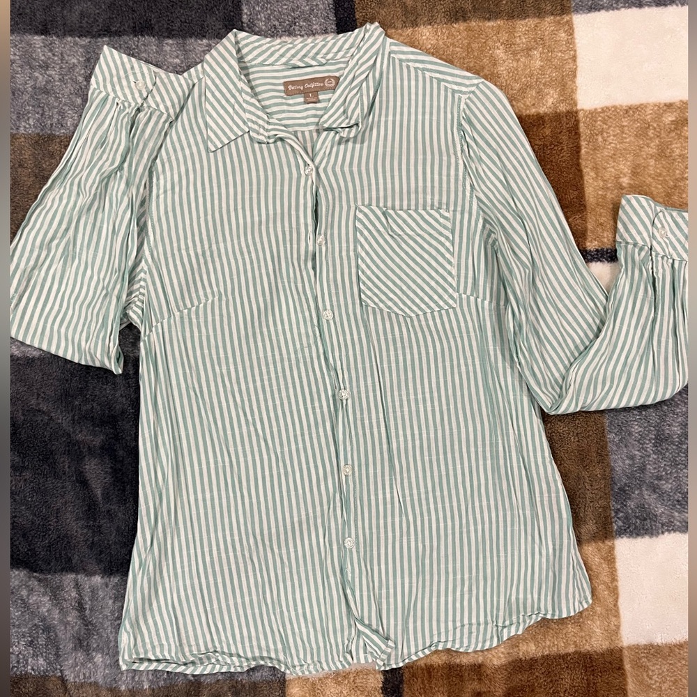 Green and White Striped Button-Up